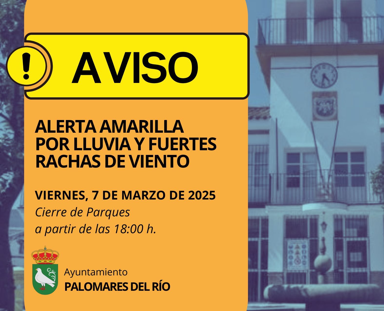 Alerta amarilla por lluvias y fuertes rachas de viento en Palomares del Río durante el día de hoy.