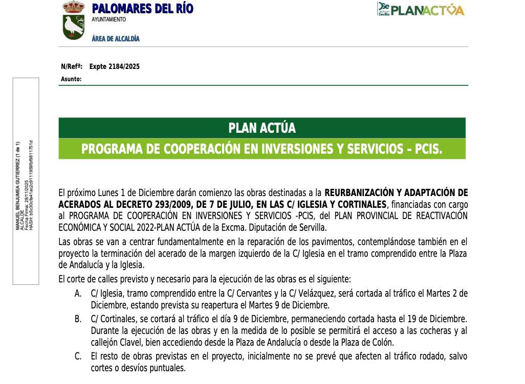 INICIO DE OBRAS EN LAS CALLES IGLESIA Y CORTINALES